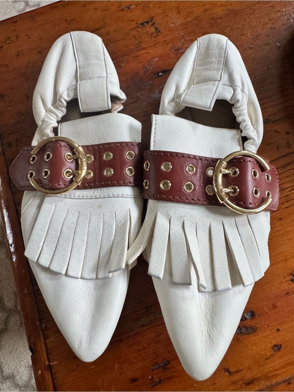 Chloe White Leather Fringe Flats with Brown and Gold Buckle Strap